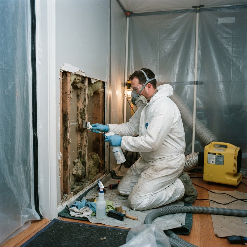 Certified technician in protective suit remediating mold in a wall cavity