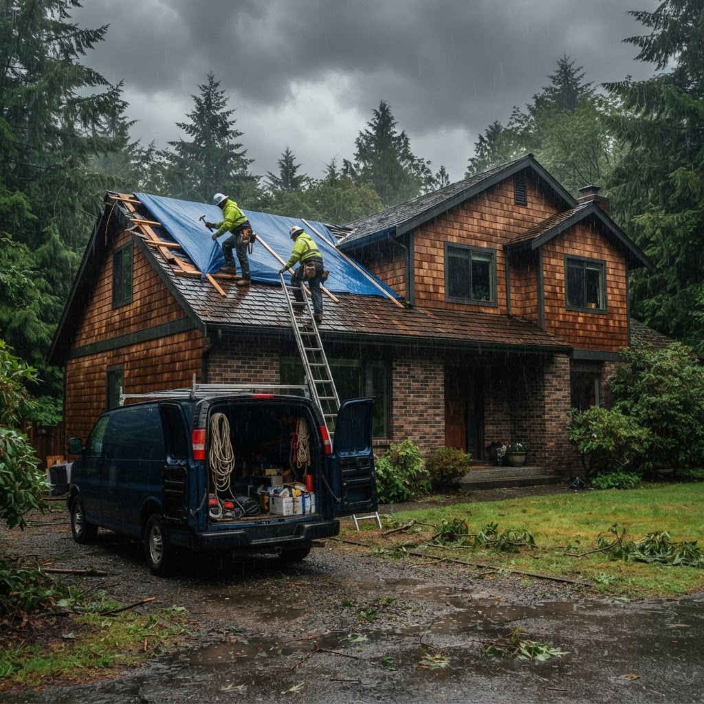 Crew securing a storm damaged roof with tarp in the rain